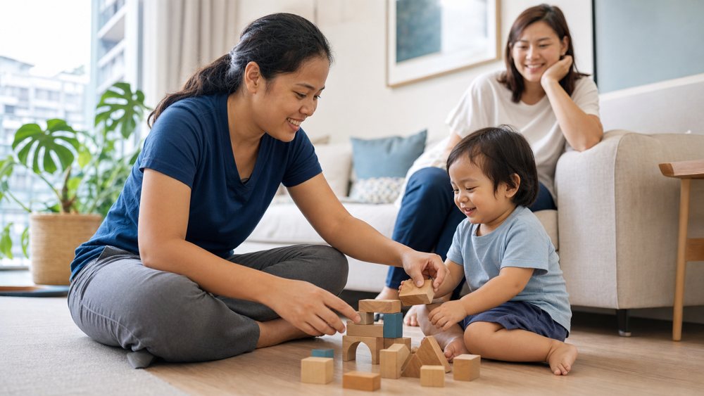 A helper playing with a toddler while the parent looks on